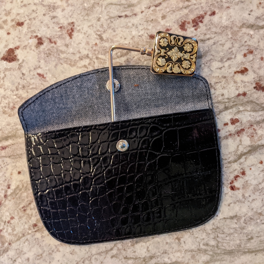 Enameled Purse Ledge Hanger Gold Tone Medallion Square Black Vintage Rubber